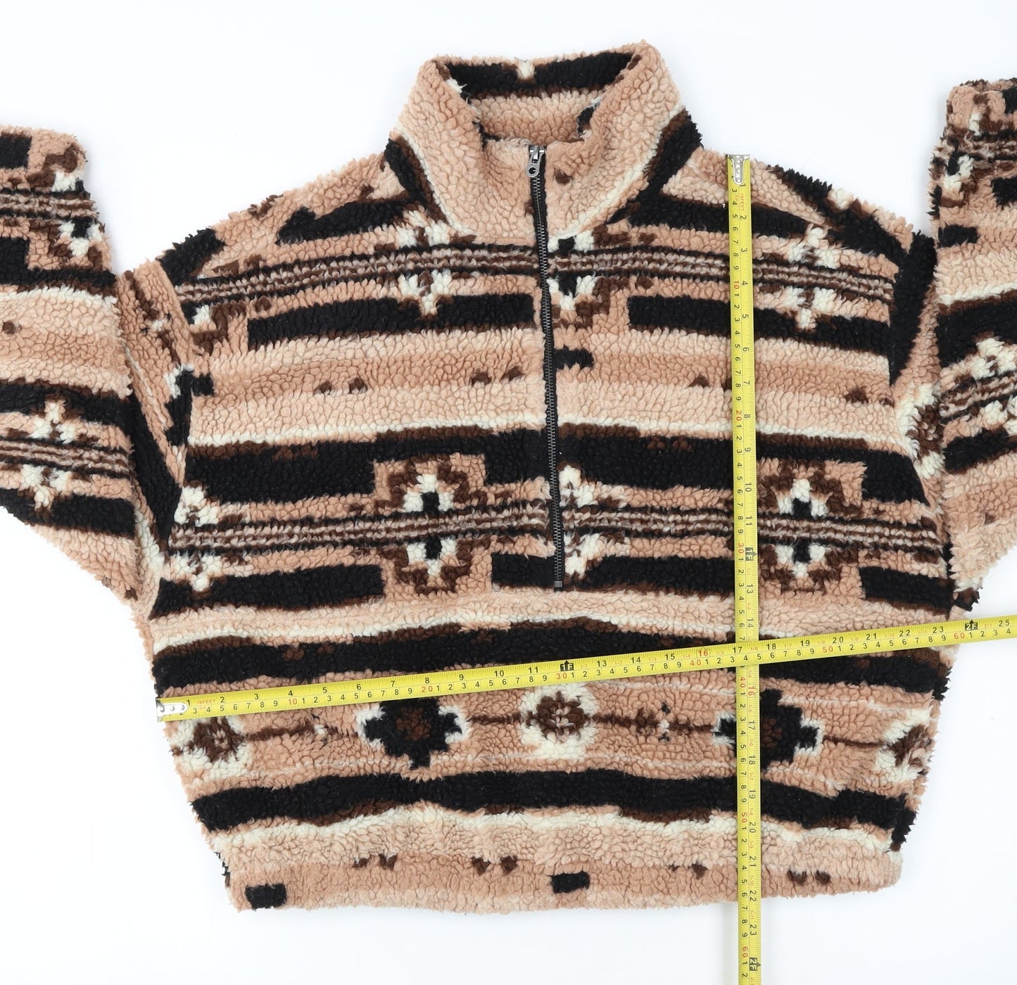 ONLY Women Beige Fleece Pullover Hoodie L Geometric Pattern