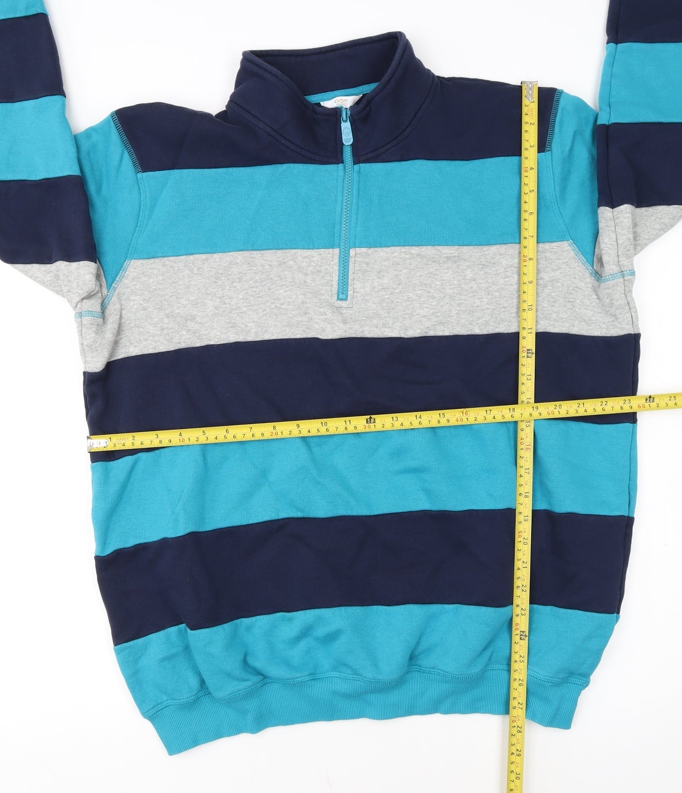 Cotton Traders Men's Blue Striped 1/4 Zip Sweatshirt XL