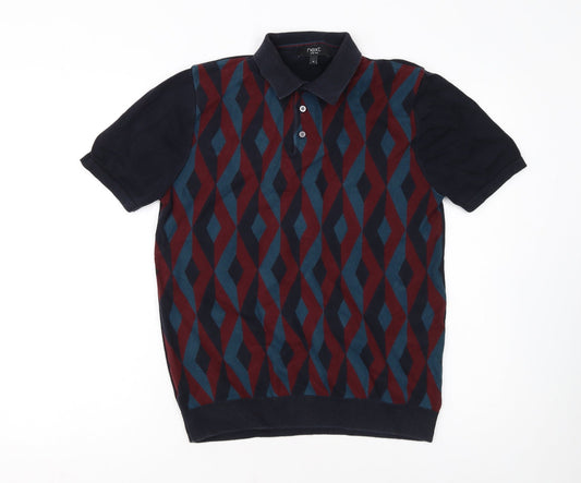 Next Men's Multicoloured Geometric Cotton Polo Shirt Size M