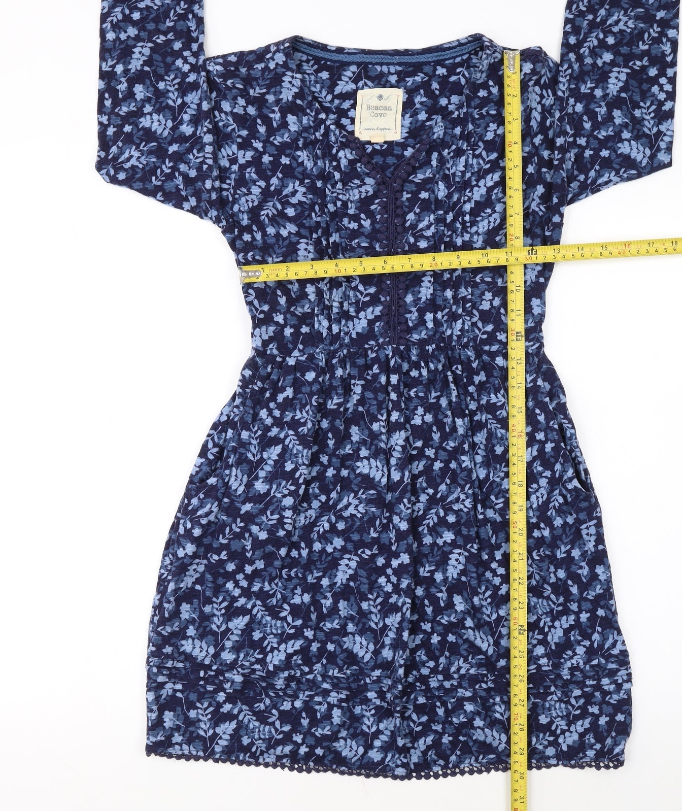 Beacan Cove Women's Blue Floral Cotton Knee Length Shift Dress XS