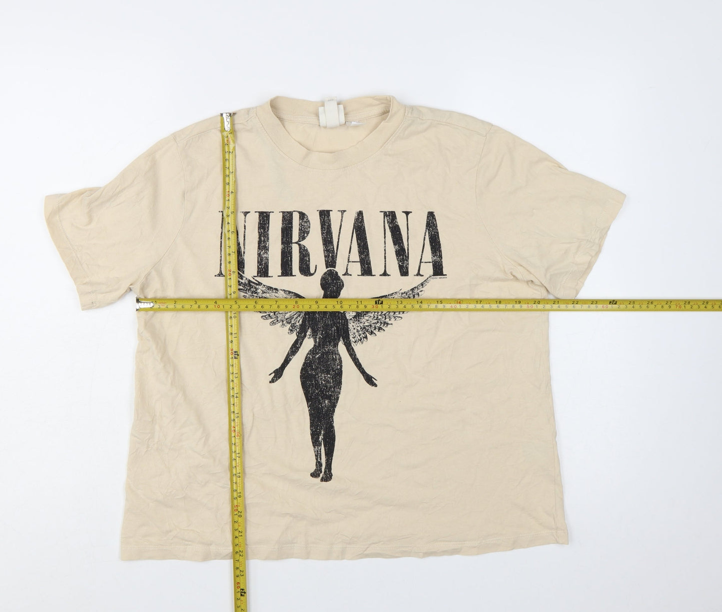H&M Women's Beige Nirvana Graphic Short Sleeve Cotton T-Shirt L