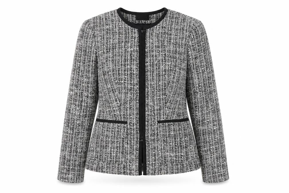 Front view of Linea Women Grey Bouclé Tweed Blazer Jacket, size 14, Wool Blend