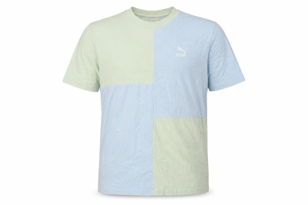 Front view of Puma Men's Blue Green Colourblock Crew Neck Cotton T-Shirt, size M