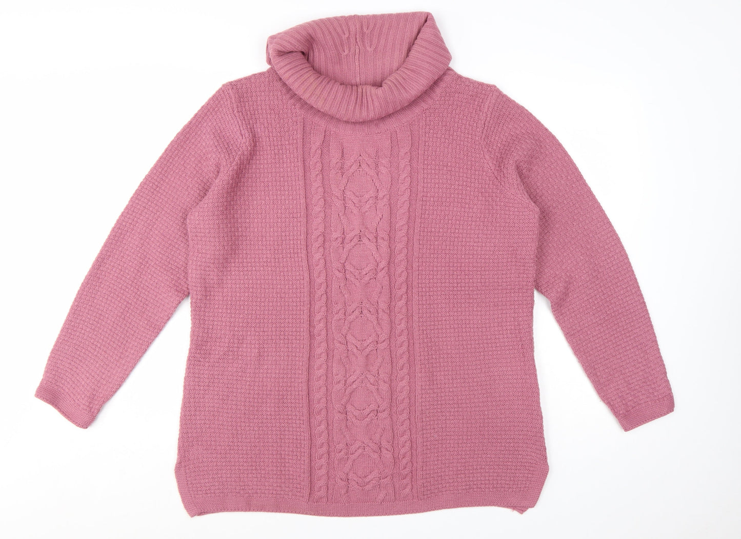 Isle Essentials Women’s Pink Cable-Knit Roll Neck Jumper Size L 18-20