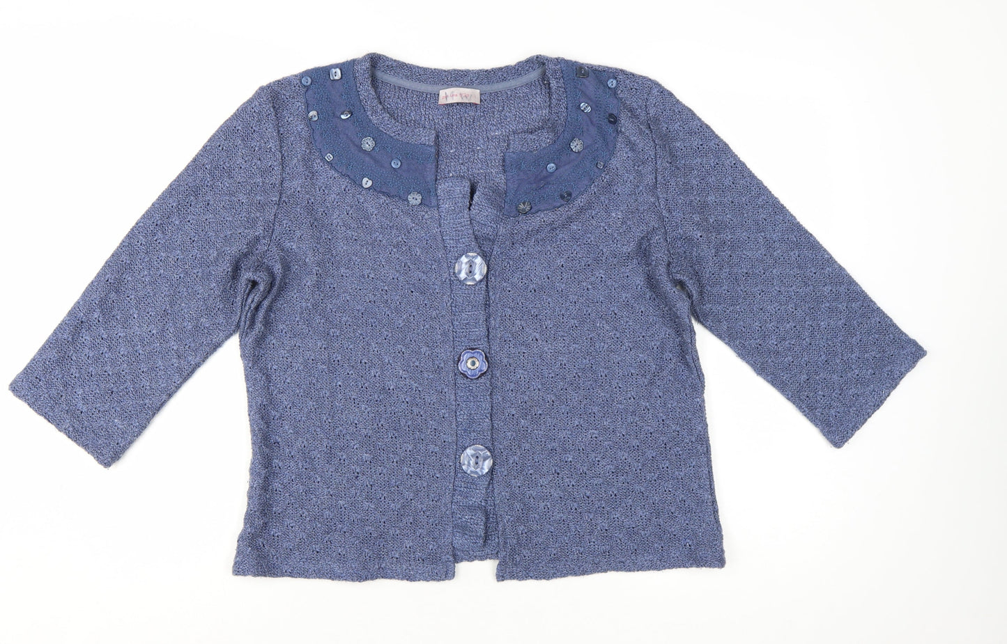 Marks and Spencer Per Una Blue Cardigan Women Large Beaded Knit 3/4 Sleeve