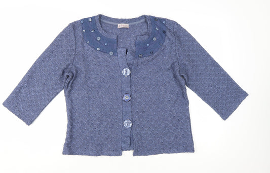 Marks and Spencer Per Una Blue Cardigan Women Large Beaded Knit 3/4 Sleeve