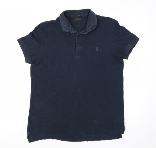 AllSaints Men's Blue Cotton Short Sleeve Polo Shirt Size L
