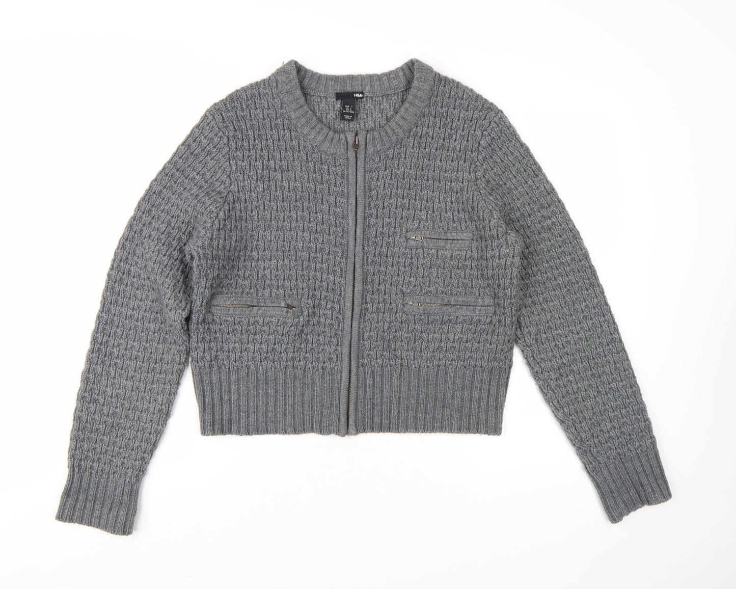 H&M Women's Grey Full Zip Knit Cardigan Size L Classic Style