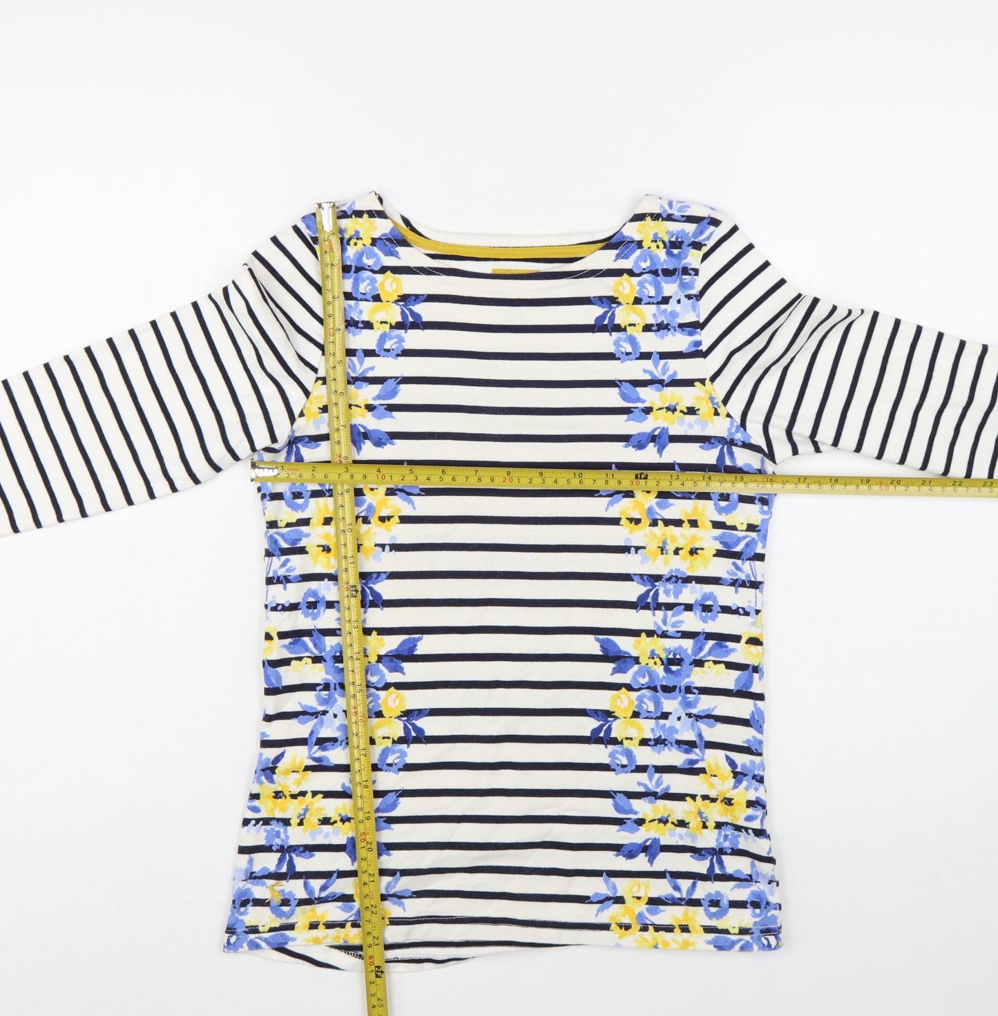 Joules Women's Multicoloured Striped Floral 3/4 Sleeve Cotton T-Shirt Size 8