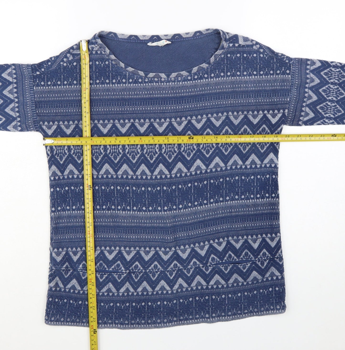 White Stuff Women's Blue Geometric 3/4 Sleeve Cotton Tunic Top Size 8