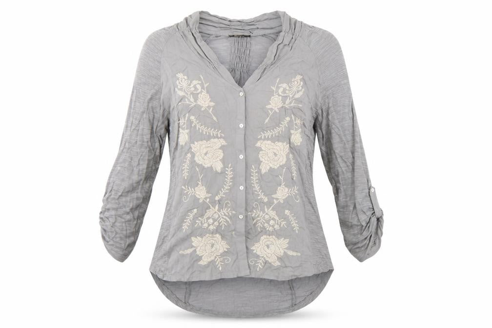 Cupio Womens Grey Embroidered Tunic Blouse Size L 3/4 Sleeve