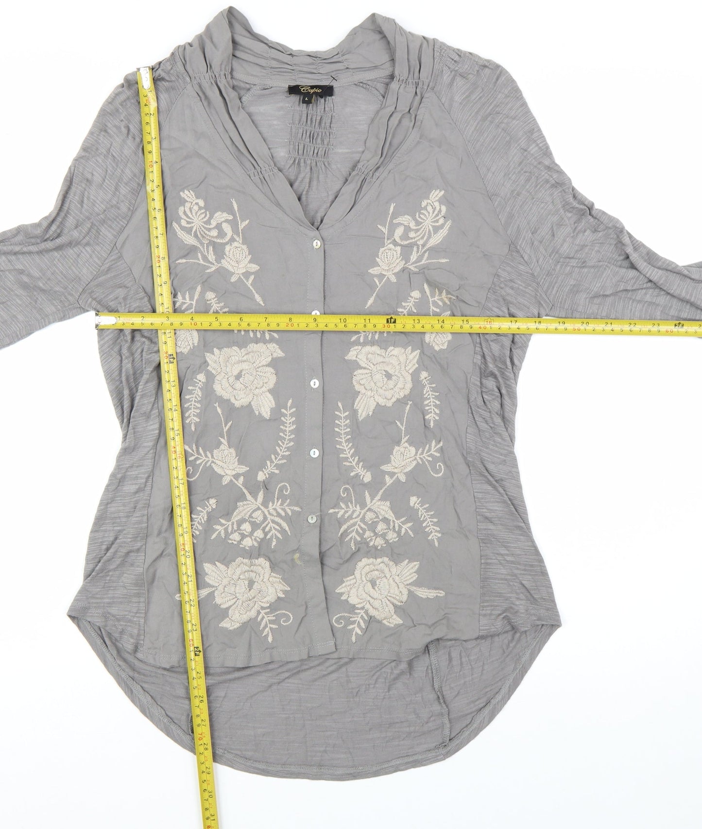 Cupio Womens Grey Embroidered Tunic Blouse Size L 3/4 Sleeve