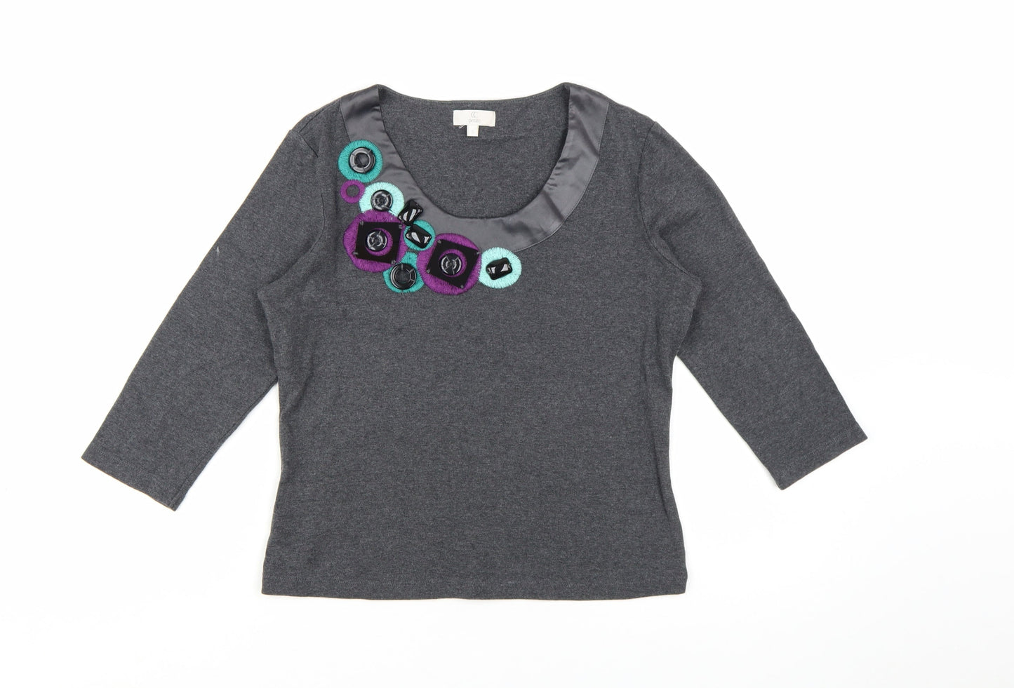 CC Petite Grey Embellished Scoop Neck 3/4 Sleeve Tunic Blouse Size S