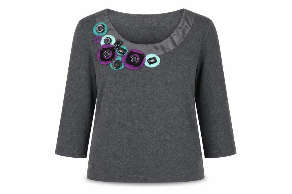 Country Casuals Petite Grey Embellished Scoop Neck 3/4 Sleeve Tunic Blouse Size S