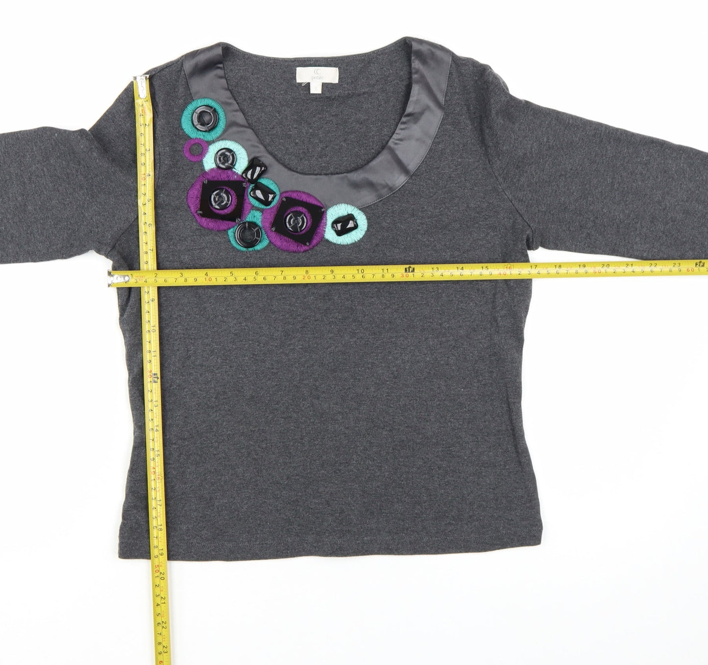 CC Petite Grey Embellished Scoop Neck 3/4 Sleeve Tunic Blouse Size S