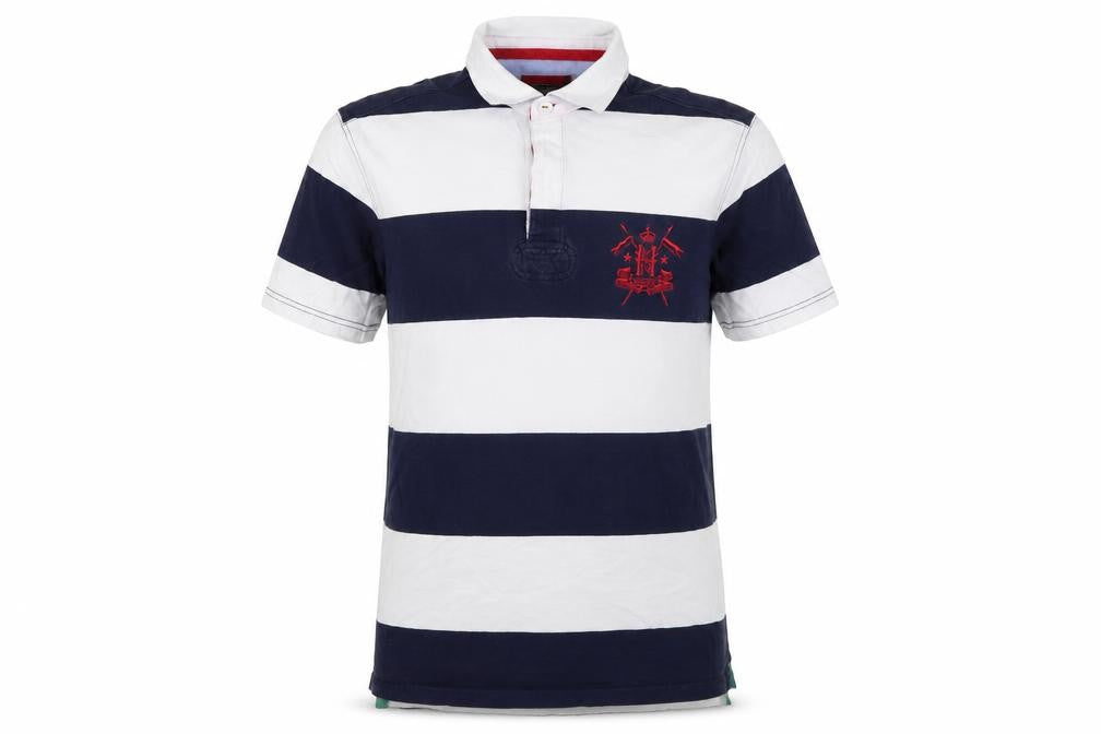 Howick Men's Navy & White Striped Rugby Polo Shirt Size M Cotton