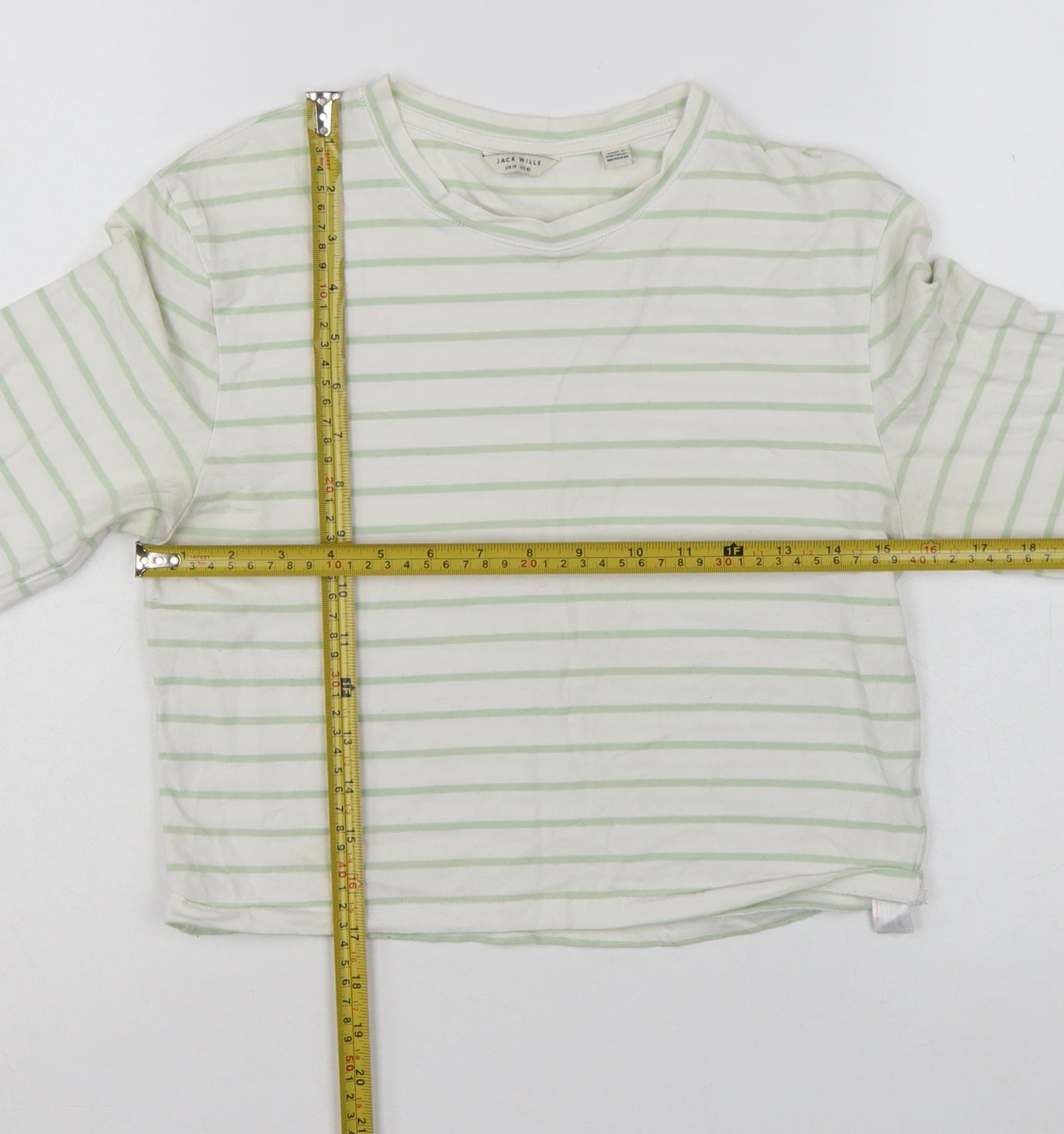 Jack Wills Womens White Green Striped Cropped Long Sleeve T-Shirt UK 14