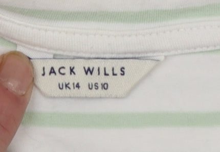 Jack Wills Womens White Green Striped Cropped Long Sleeve T-Shirt UK 14
