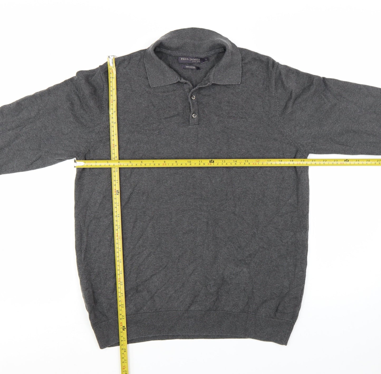 Paul James Men's Grey Cotton Collared Henley Jumper Size L
