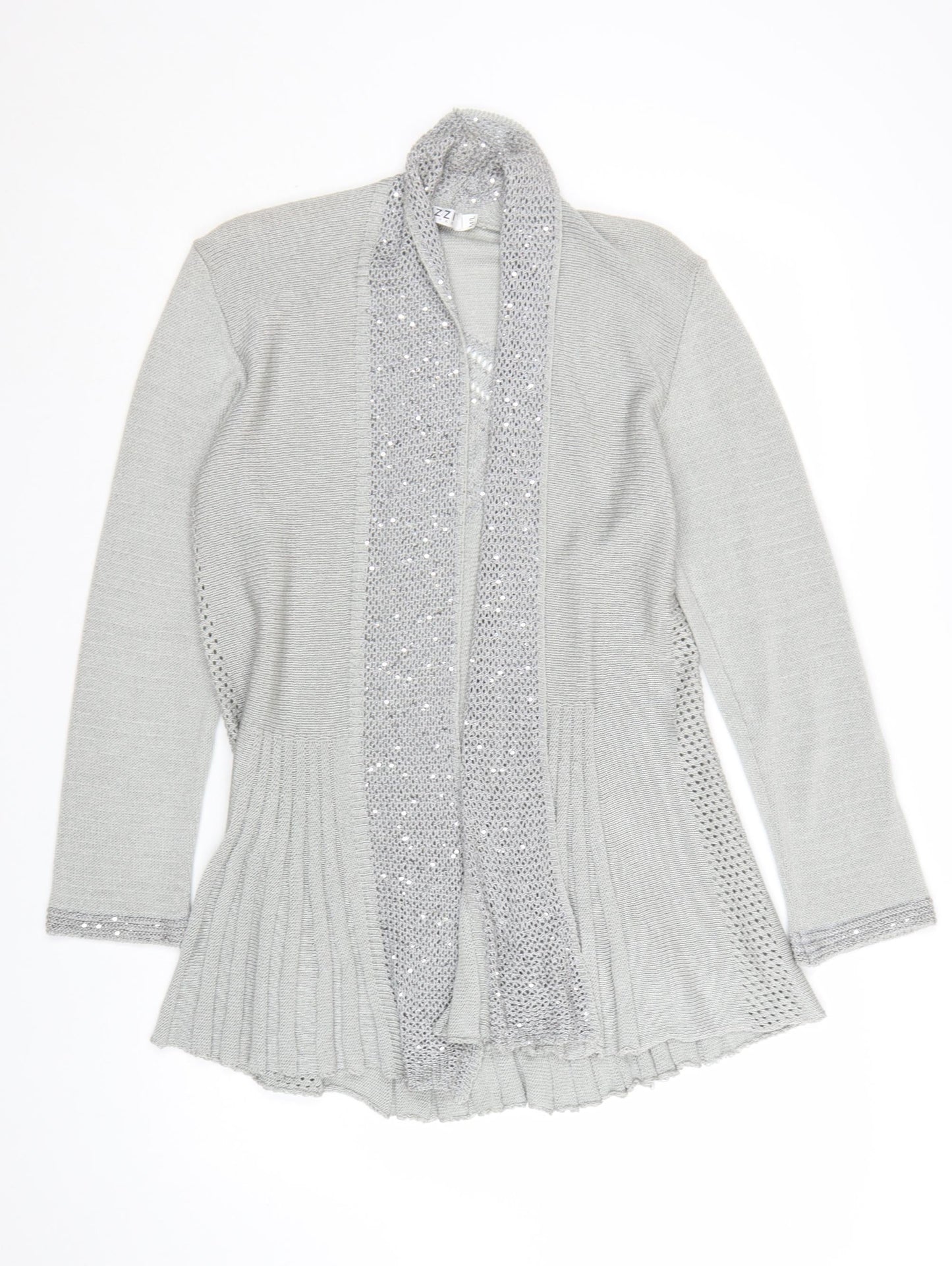 Lizzi Clarke Women’s Silver Cardigan M/L Sequin Open Knit Long Sleeve