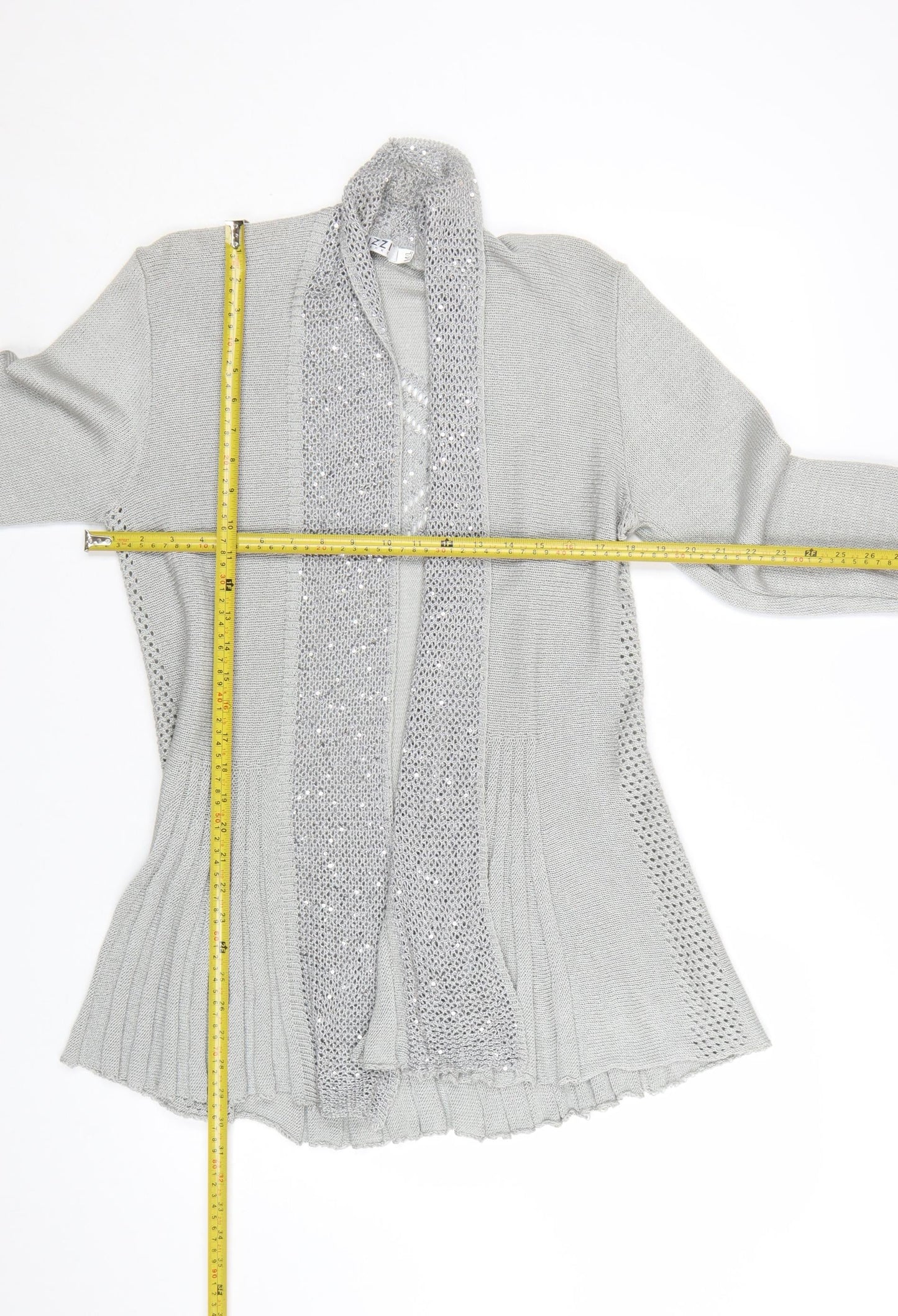 Lizzi Clarke Women’s Silver Cardigan M/L Sequin Open Knit Long Sleeve