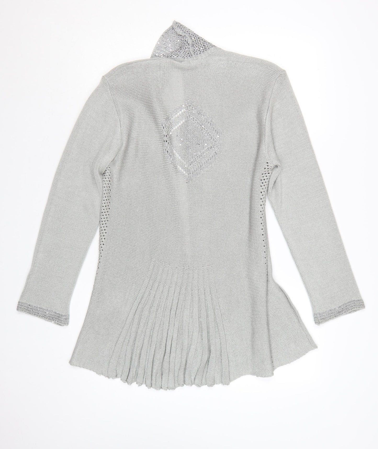 Lizzi Clarke Women’s Silver Cardigan M/L Sequin Open Knit Long Sleeve