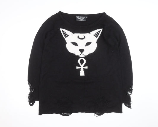Killstar Mens Black 2XL Gothic Cat Graphic Distressed Knit Jumper