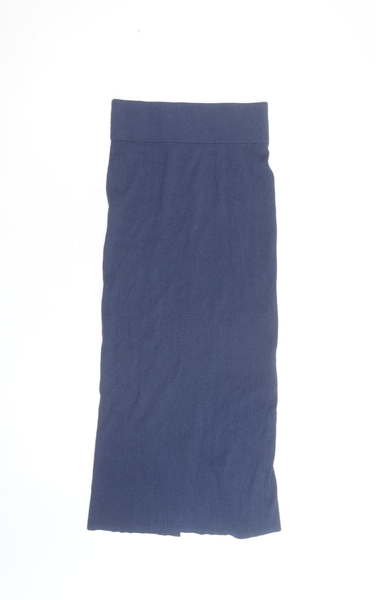 Zara Women Blue Ribbed Midi Pencil Skirt L Knit Stretch Viscose Blend