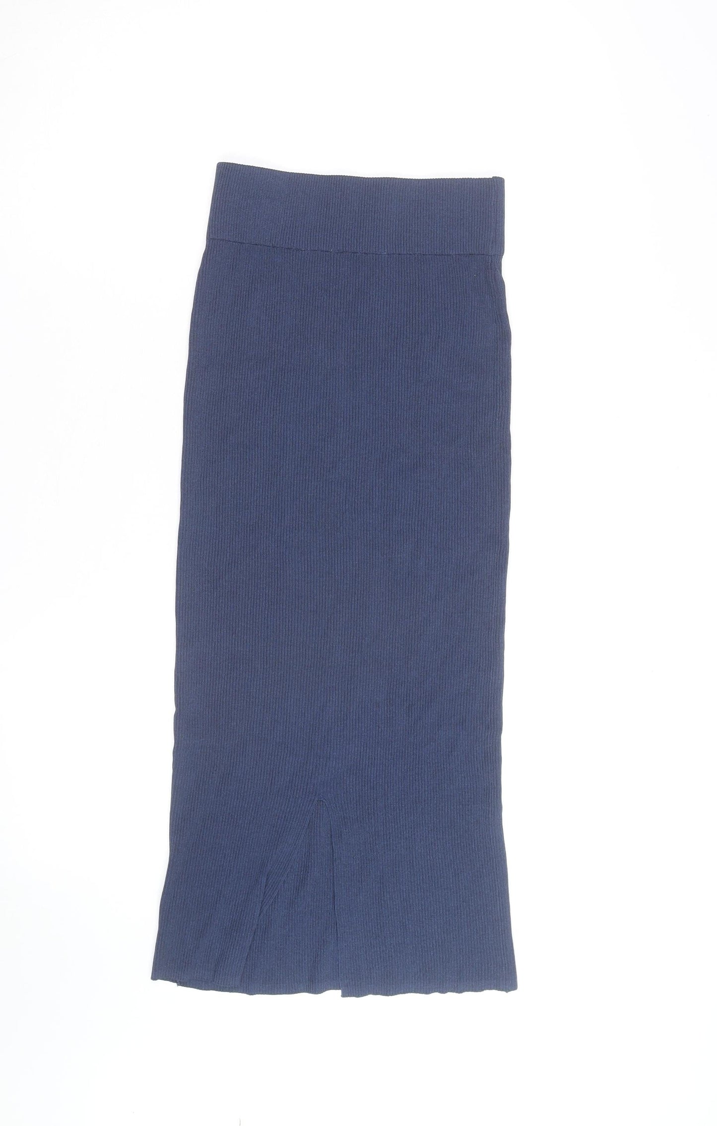 Zara Women Blue Ribbed Midi Pencil Skirt L Knit Stretch Viscose Blend