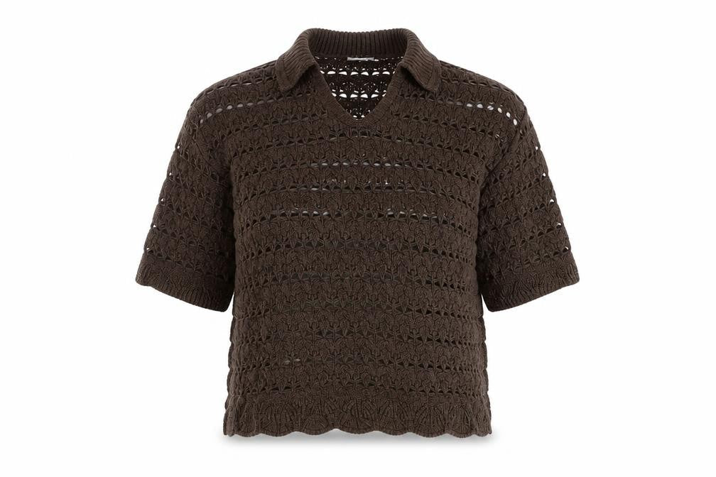 Front view of ASOS Women’s Brown Open-Knit Collared Short Sleeve Jumper, size M