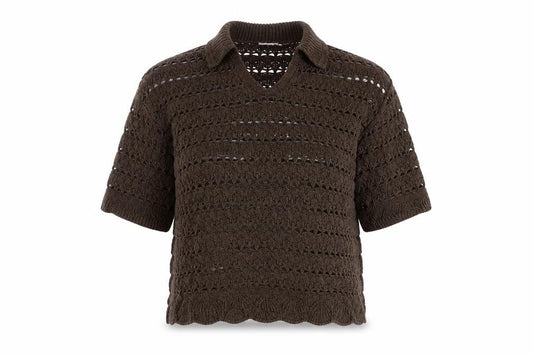 Front view of ASOS Women’s Brown Open-Knit Collared Short Sleeve Jumper, size M