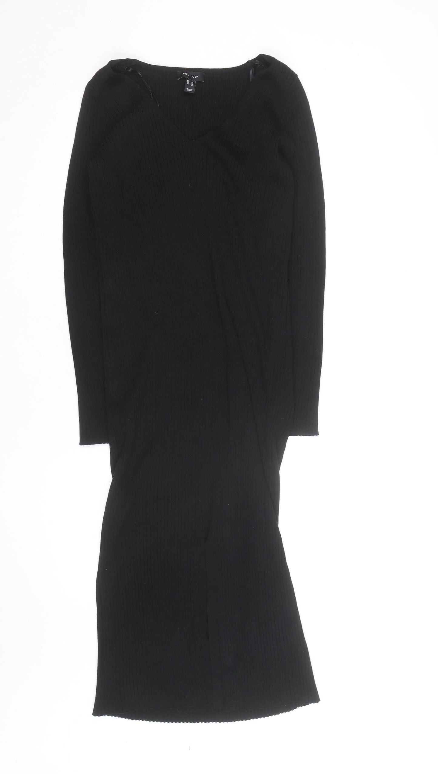 New Look Women’s Black Size 12 V-Neck Ribbed Bodycon Midi Dress