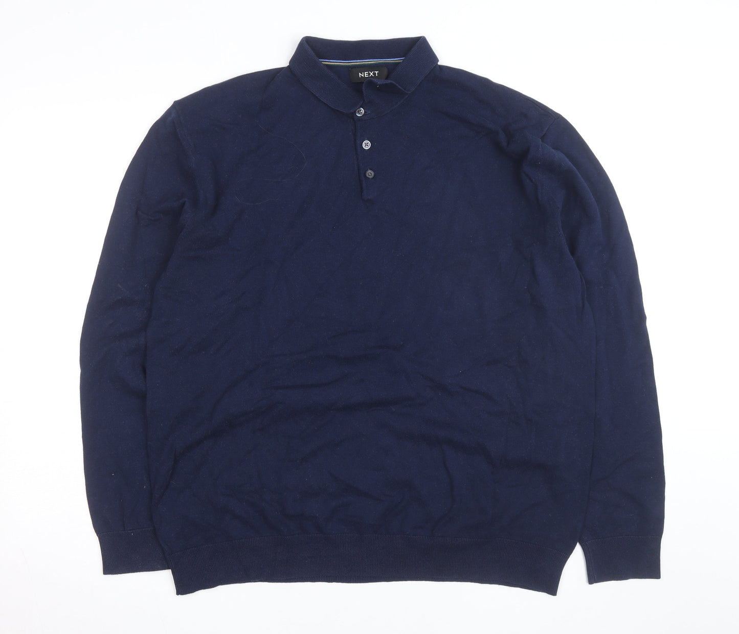 Next Men's Blue XL Cotton Long Sleeve Polo Shirt