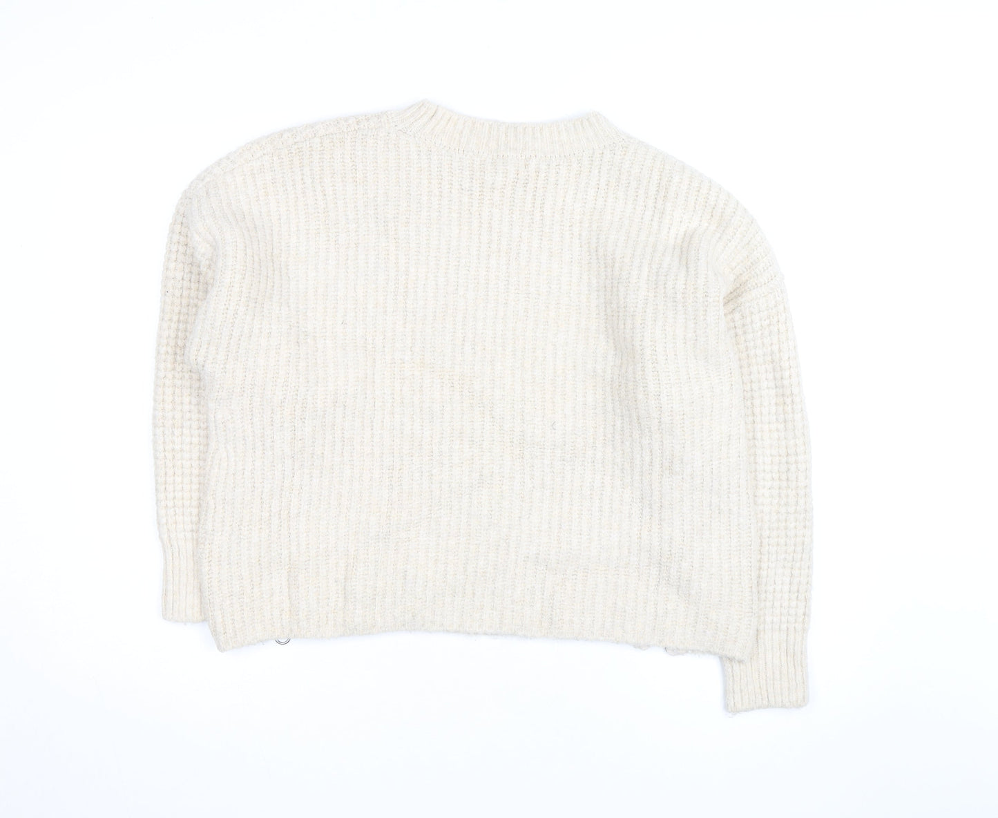 Topshop Women Ivory Waffle-Knit Zip Pullover Jumper Size L