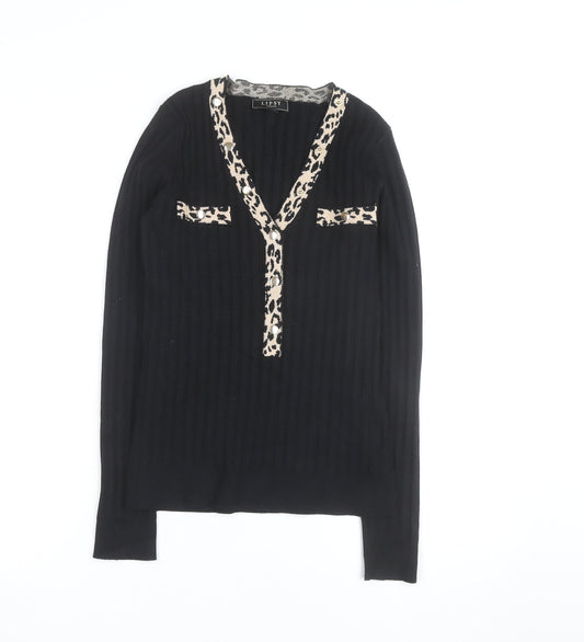 Lipsy Women Black Leopard Trim V-Neck Rib Knit Jumper Size 12