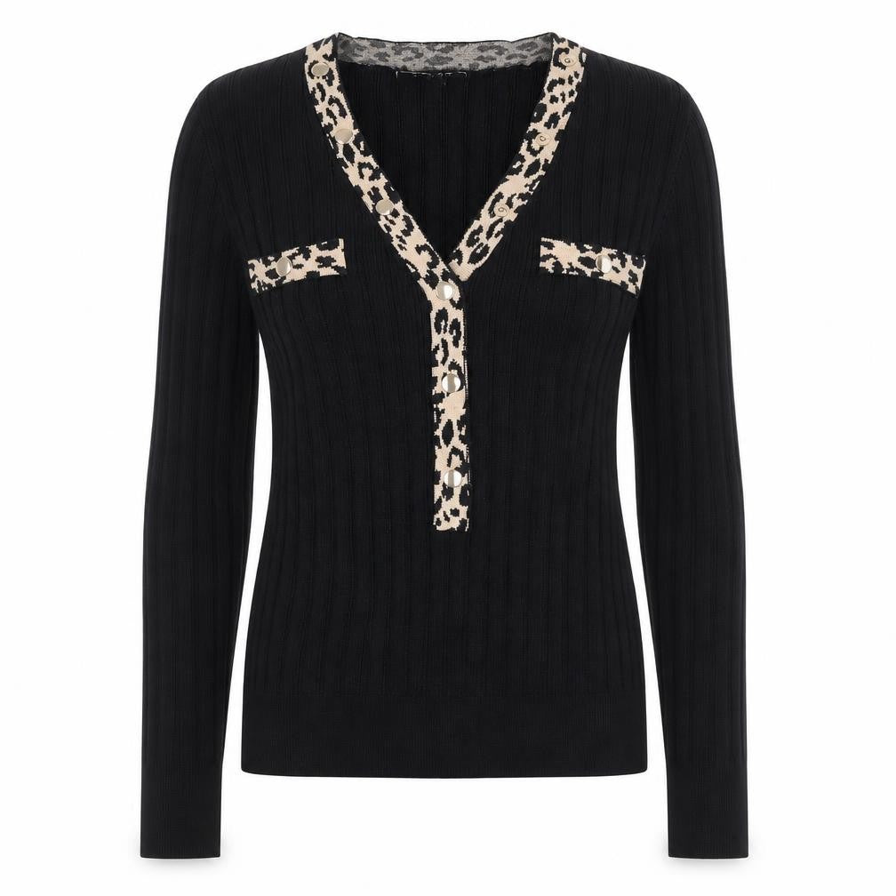 Lipsy Women Black Leopard Trim V-Neck Rib Knit Jumper Size 12