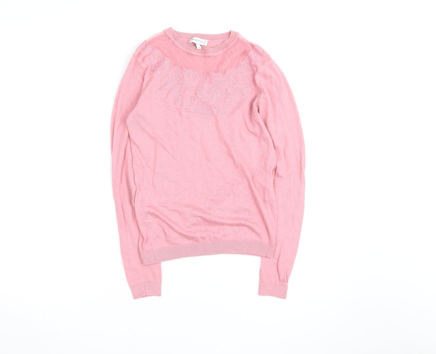 Warehouse Women Pink Floral Embroidered Crew Neck Jumper Size 8