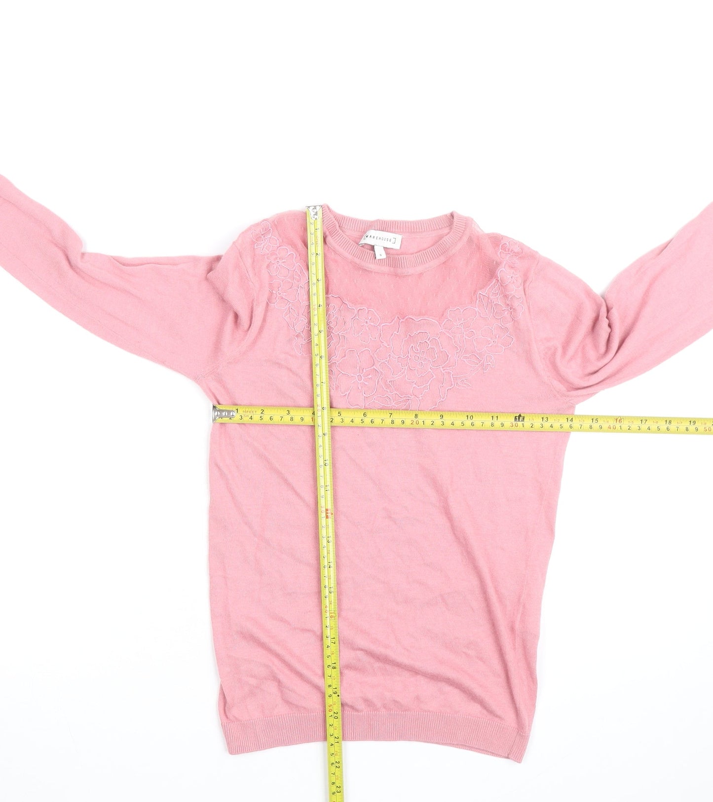 Warehouse Women Pink Floral Embroidered Crew Neck Jumper Size 8