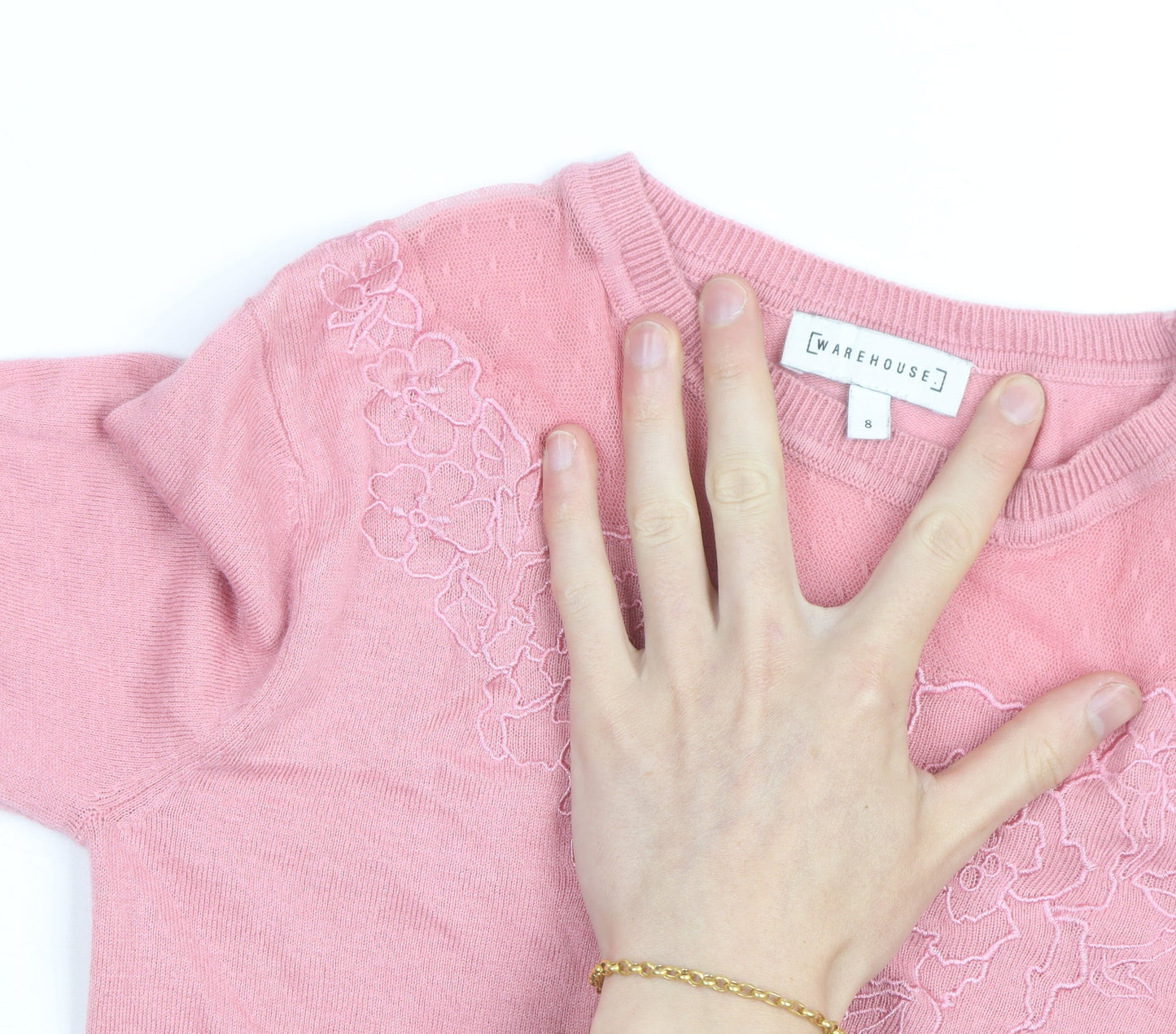 Warehouse Women Pink Floral Embroidered Crew Neck Jumper Size 8