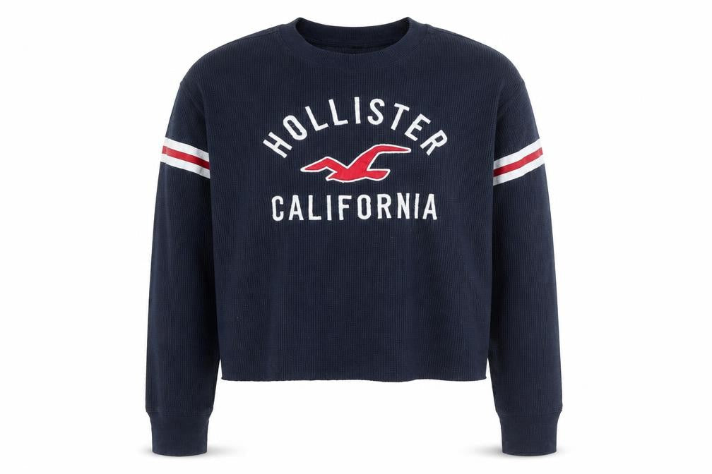 Hollister Unisex Navy Blue Waffle-Knit Pullover Jumper L
