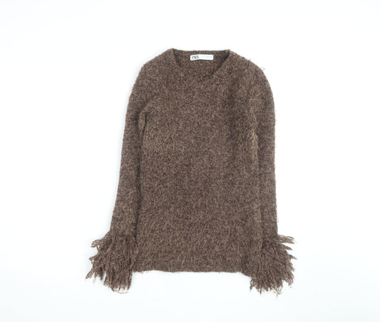 ZARA Women’s Brown Chunky-Knit Fringe V-Neck Jumper Size 12