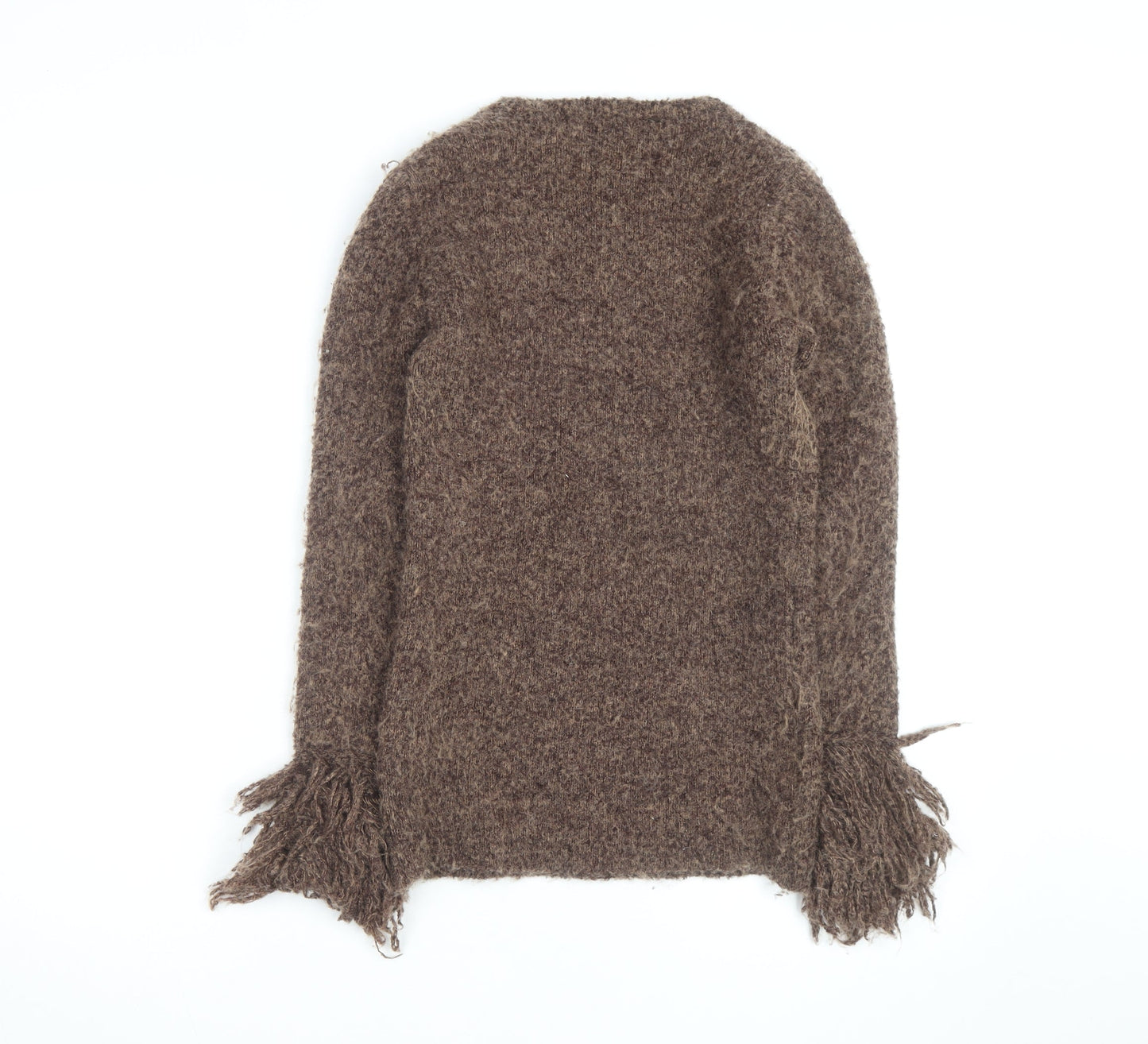 ZARA Women’s Brown Chunky-Knit Fringe V-Neck Jumper Size 12
