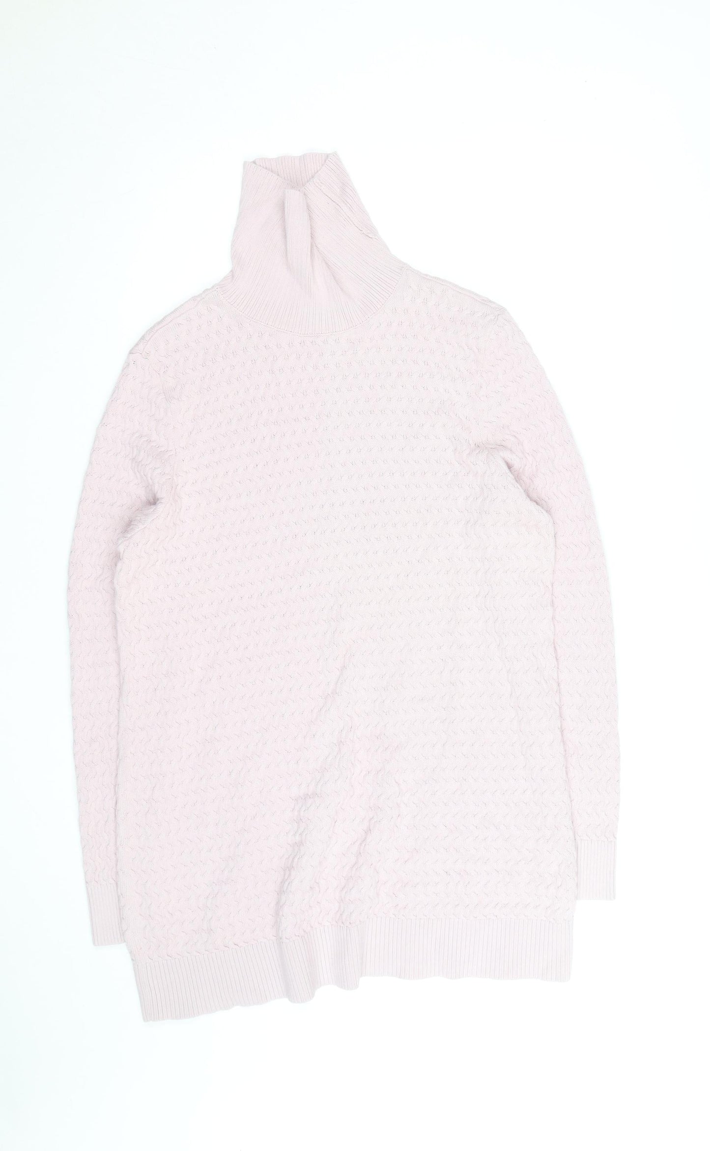 Lands' End Women's Pink Cotton Cable-Knit Roll Neck Jumper Size L