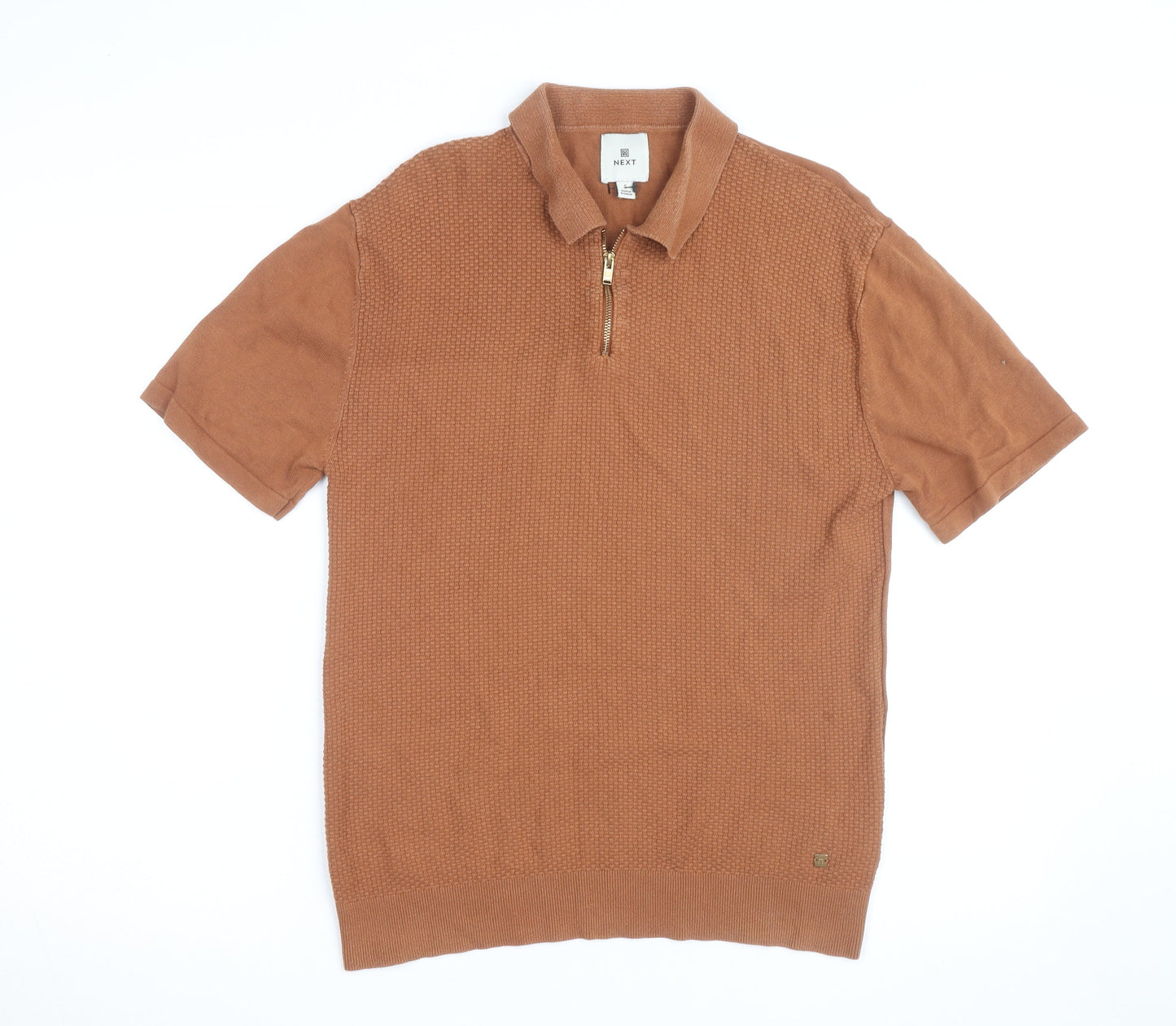 Next Men's Brown Short Sleeve Cotton Zip Polo Shirt Size S