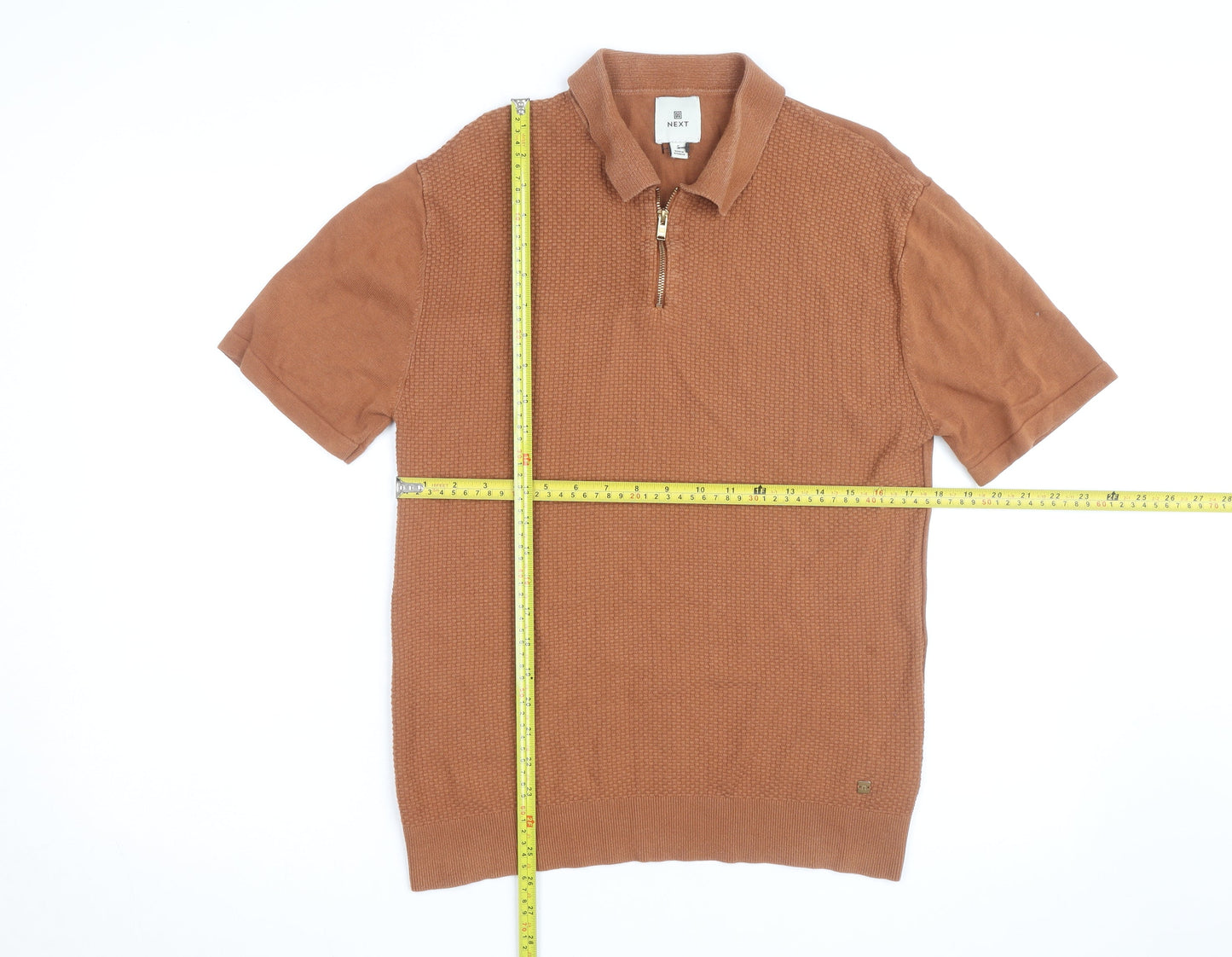 Next Men's Brown Short Sleeve Cotton Zip Polo Shirt Size S