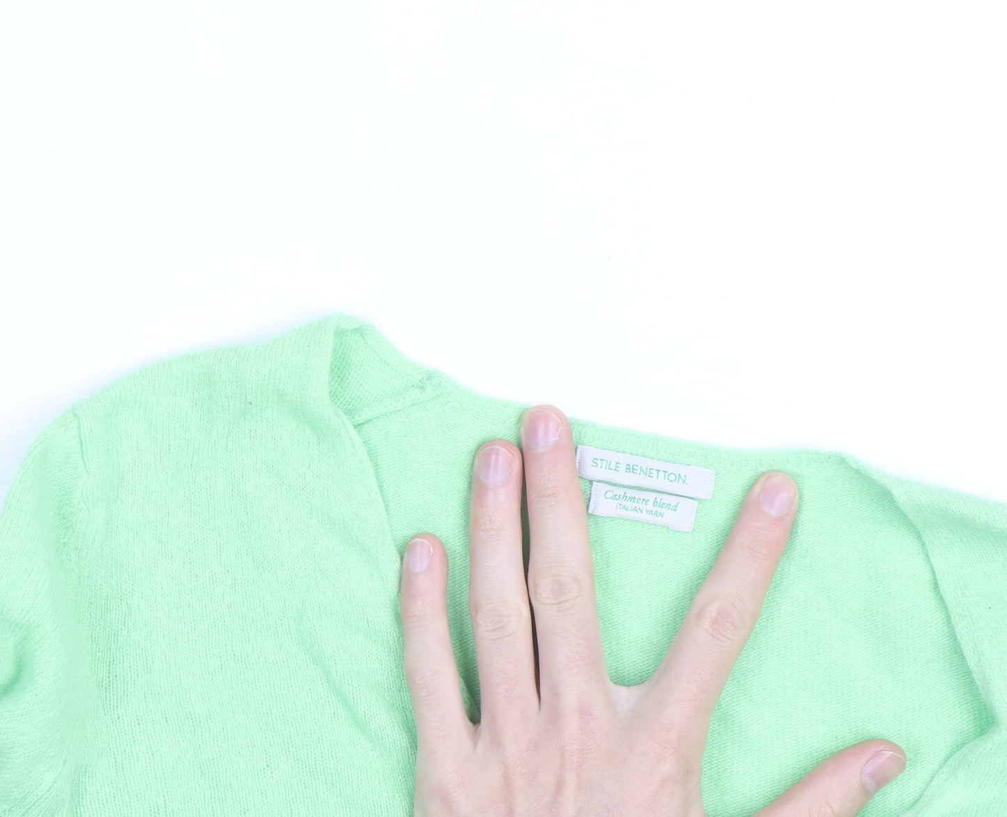 Stile Benetton Mens Green Wool Cashmere V-Neck Jumper Size S