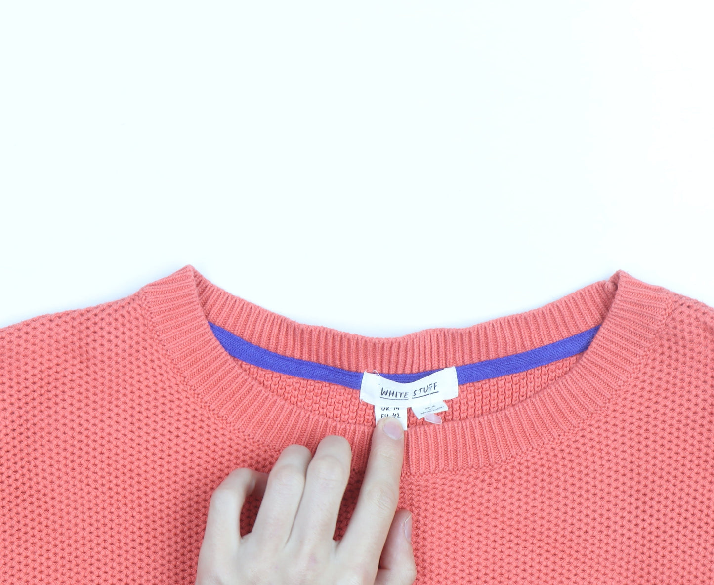 White Stuff Women’s Orange Cotton Waffle Knit Crew Neck Jumper Size 14