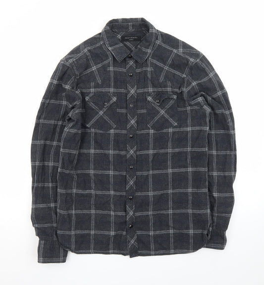 AllSaints Men's Grey Check Flannel Button-Up Shirt Medium