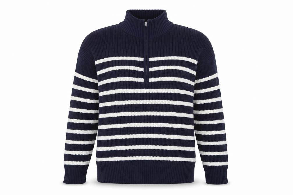 Front view of Nobody's Child Women's Blue Striped Cotton 1/2 Zip Jumper XL