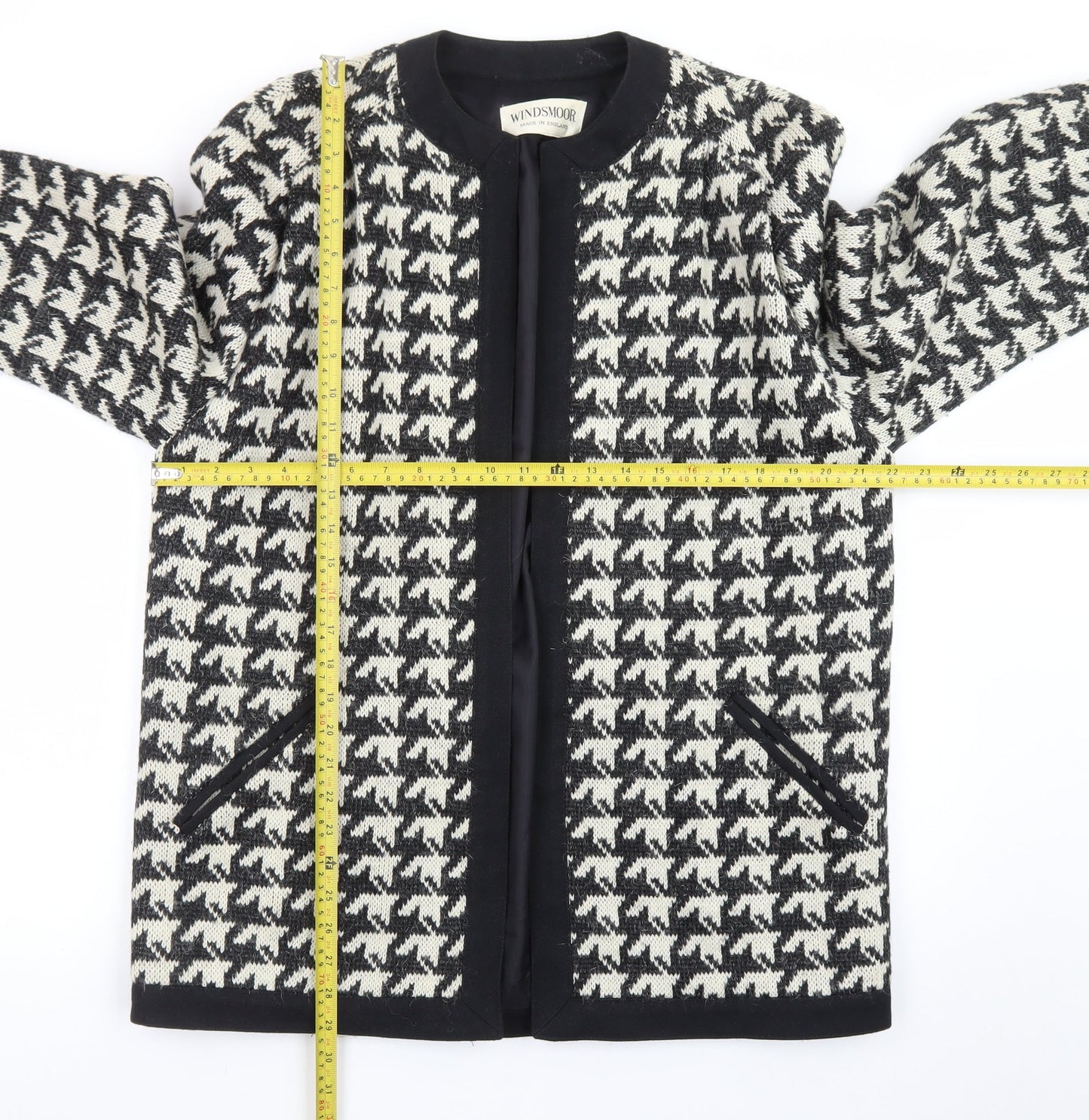 Windsmoor Women Black Houndstooth Wool Blend Mid-Length Coat Size 12
